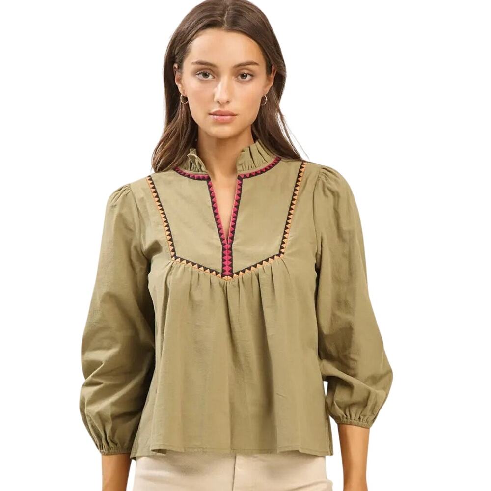 Able Olive Green Embroidered Cotton Blouse Medium Boho 3/4 Sleeve M - NWT